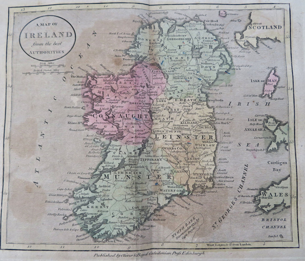 Ireland rare map c. 1801 Oliver & Boyd from best Authorities original hand color