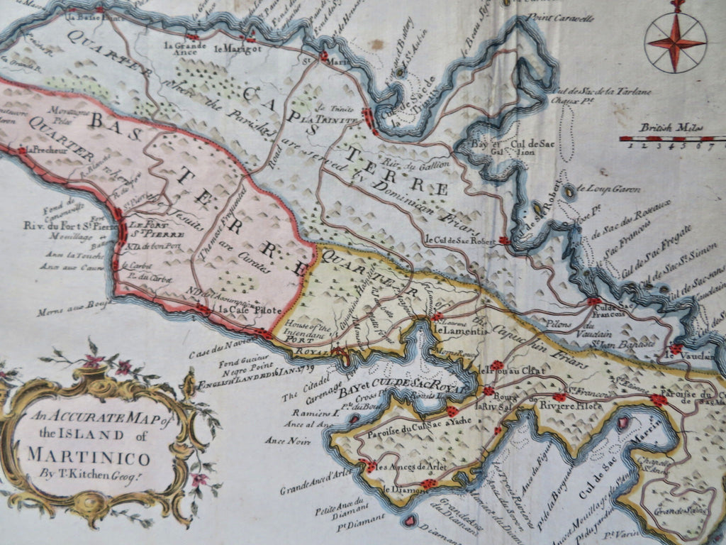 Martinique Caribbean Island Fort-de-France 1762 T. Kitchin scarce hand color map