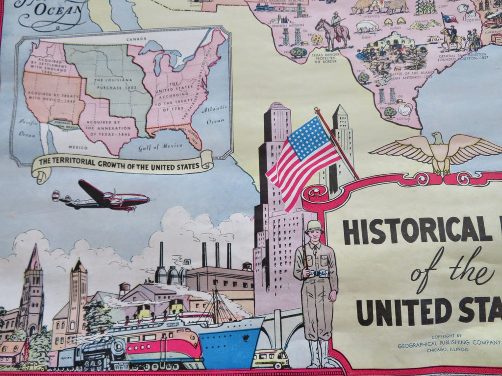 Historical Map of United States Soldiers 1955 rare cartoon pictorial cartoon map