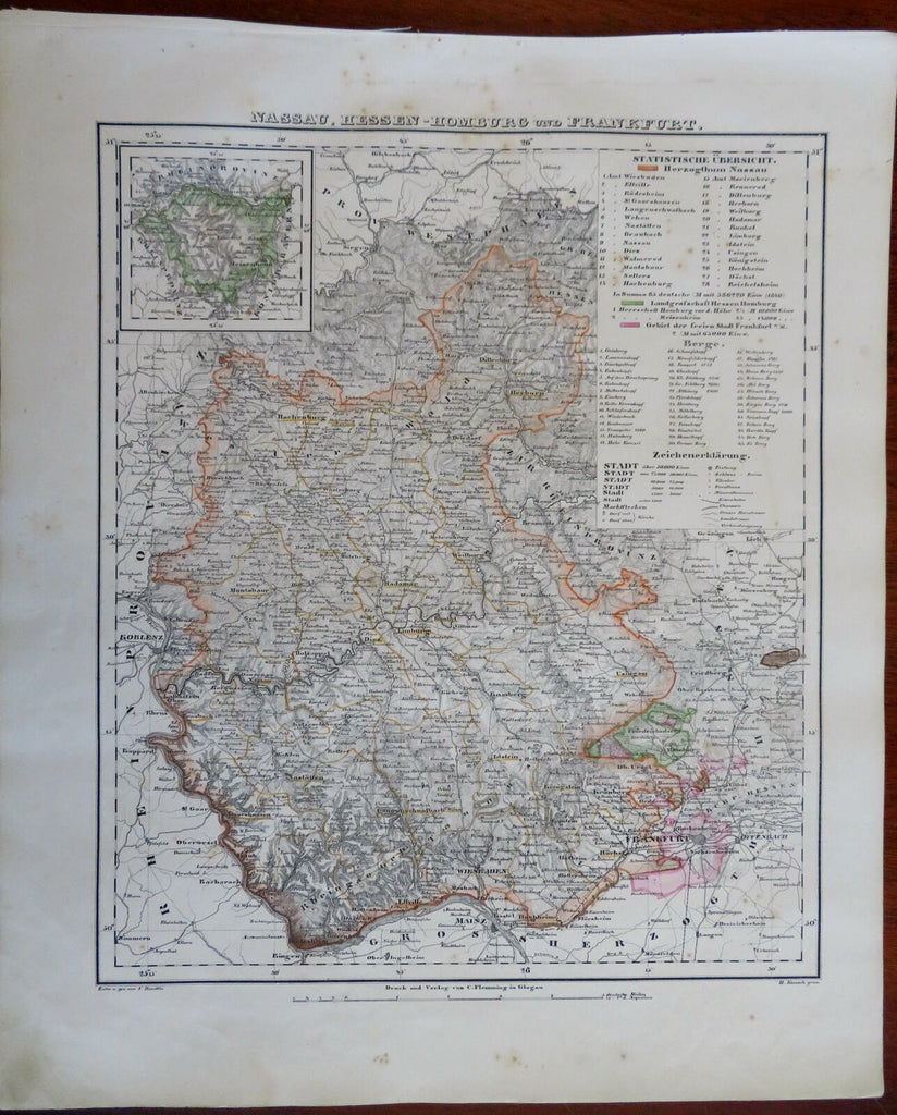 Nassau Homburg Frankfurt Koblenz Wiesbaden Germany 1852 Flemming detailed map
