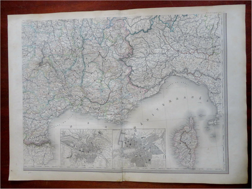 South of France Mediterranean Coast Lyon Marseilles Nice 1860's huge scarce map