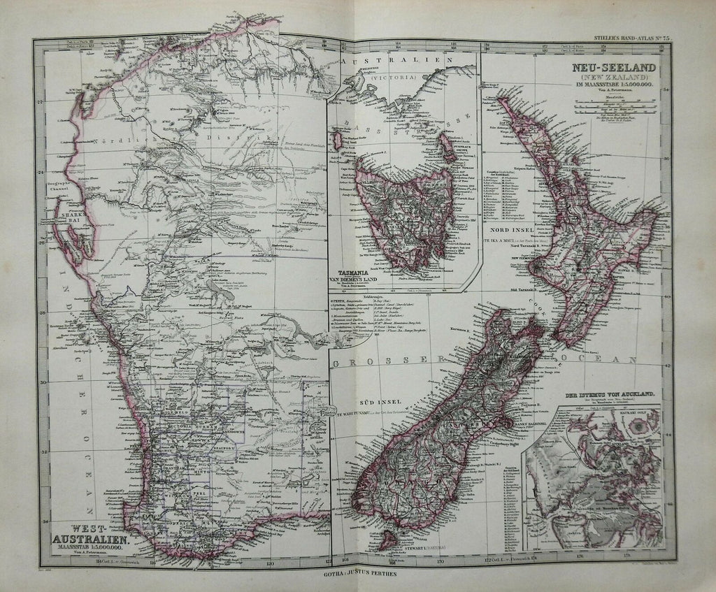 New Zealand North & South Island Tasmania Auckland 1884 Stieler detailed map