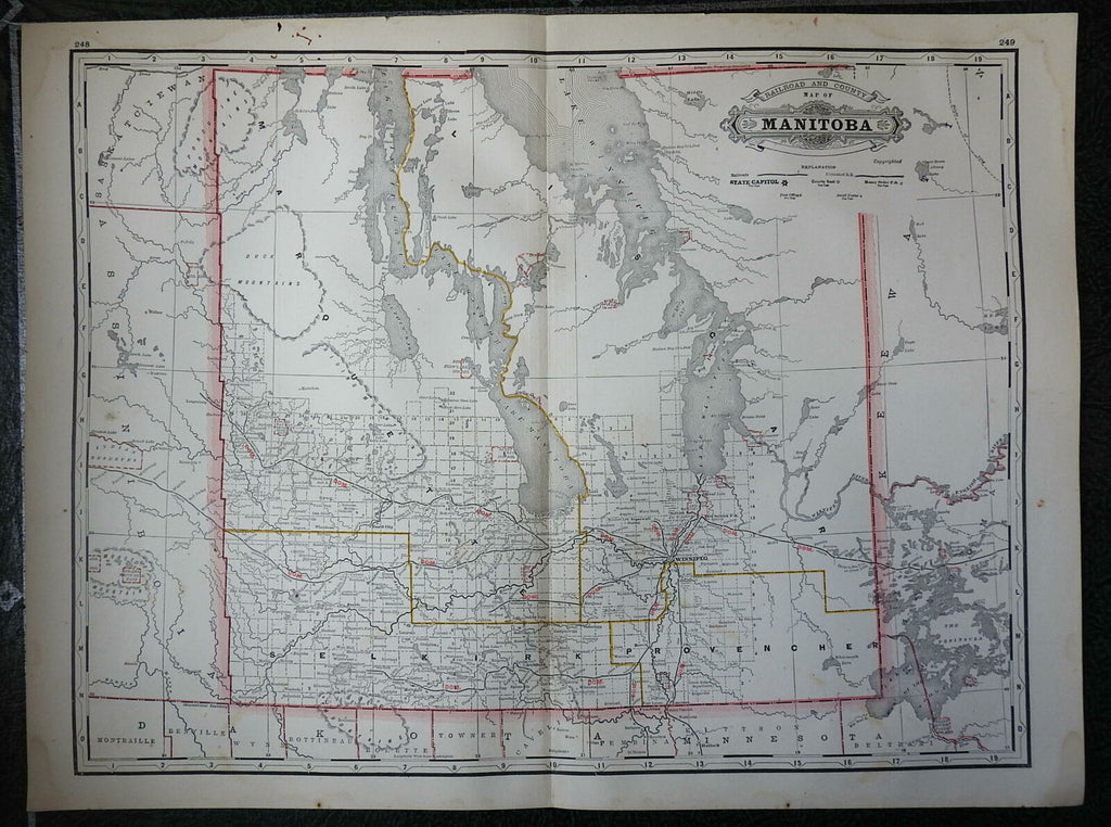Railroad & County large map of Manitoba Canada Winnipeg 1888 Cram map