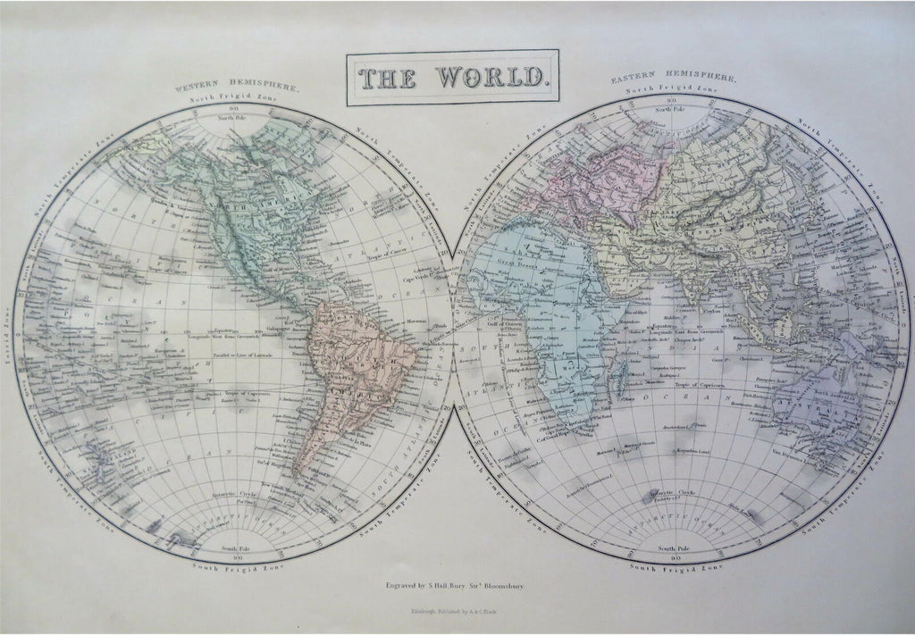World Map in Double Hemispheres 1853 Hall engraved hand colored map Eclipse line