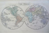 World Map in Double Hemispheres 1853 Hall engraved hand colored map Eclipse line