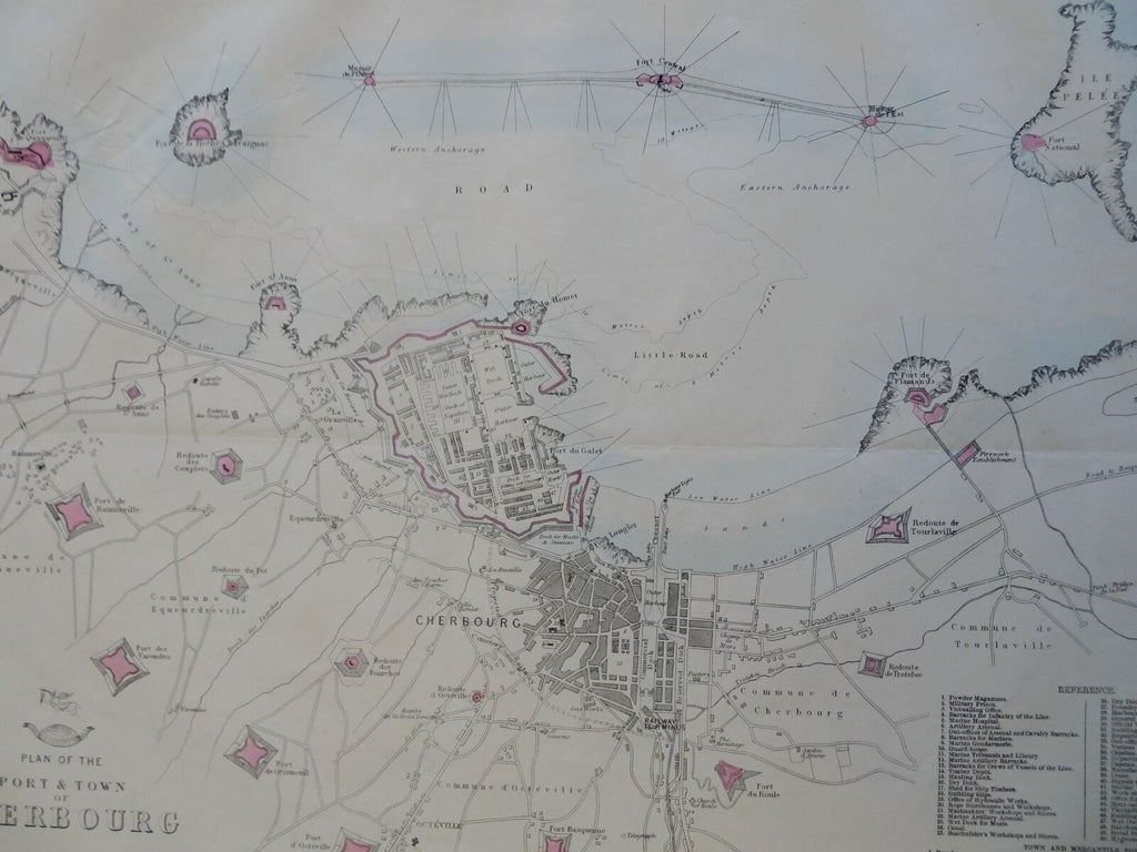 Cherbourg Normandy France Fortifications c. 1856-72 Weller detailed city plan