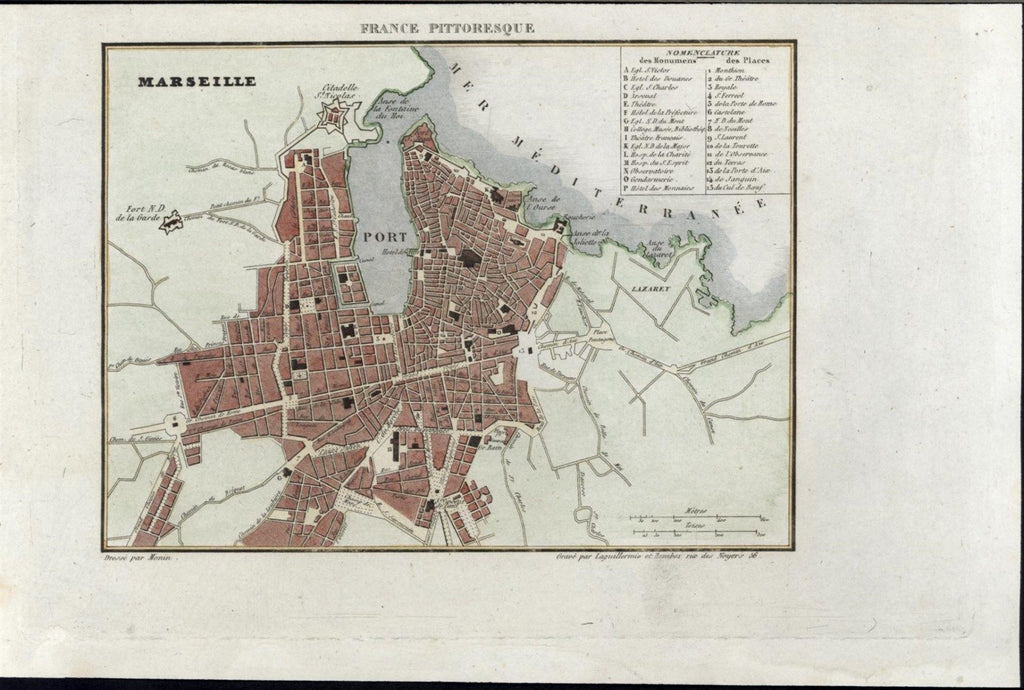 Marseille France 1835 fine old vintage antique city plan map