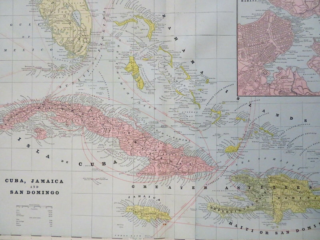 Caribbean Sea Cuba Jamaica Bahamas Havana 1887-90 Cram scarce large detailed map