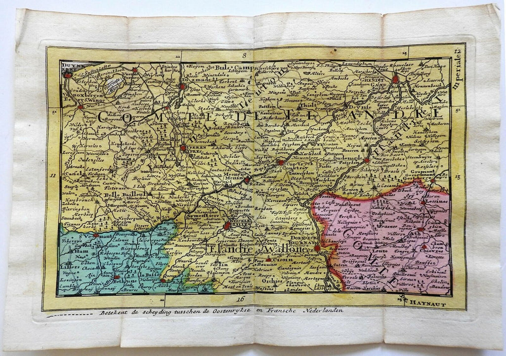 Flanders Belgium 1737 De Lat rare map shows Lille Dunkirk Oudenarde Ghent Ypres