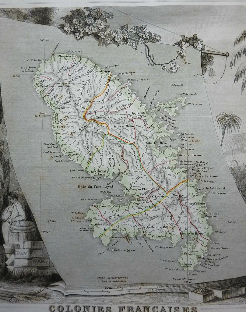 Martinique Caribbean Island French Colonies 1855 Lemercier decorative map