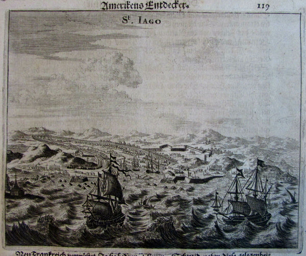 St Jago Santo Domingo harbor 1676 antique engraved Ogilby view print