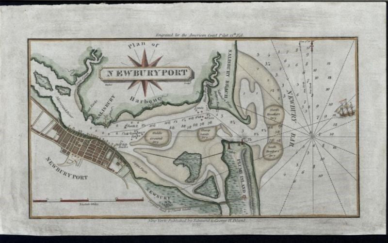 Newburyport Massachusetts Newbury Bar 1837 antique engraved hand color city plan