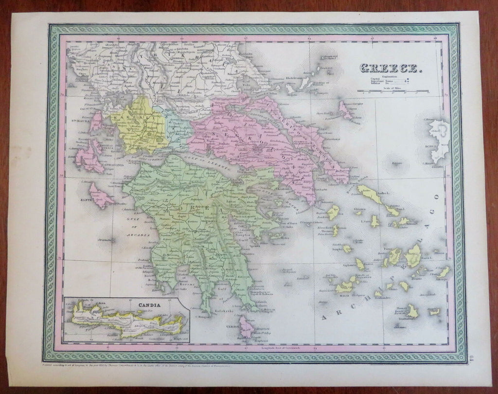 Kingdom of Greece Balkans Crete Attica Morea c. 1850 Cowperthwait Mitchell map