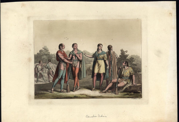 Canadian Indians ca.1820 rare Gallina Italian antique color aquatint print