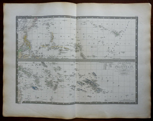 Polynesia Pacific Islands Hawaii c. 1830's Brue large detailed map hand color