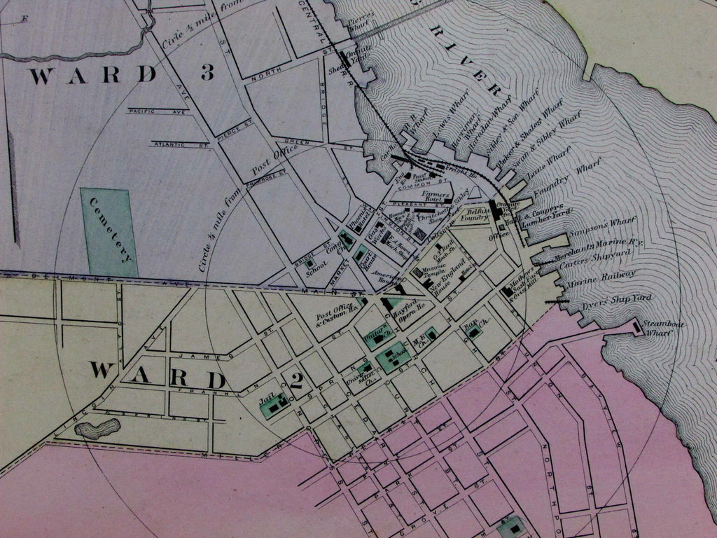 Belfast Waldo County Maine paper mill ice house factories homes 1884 old map