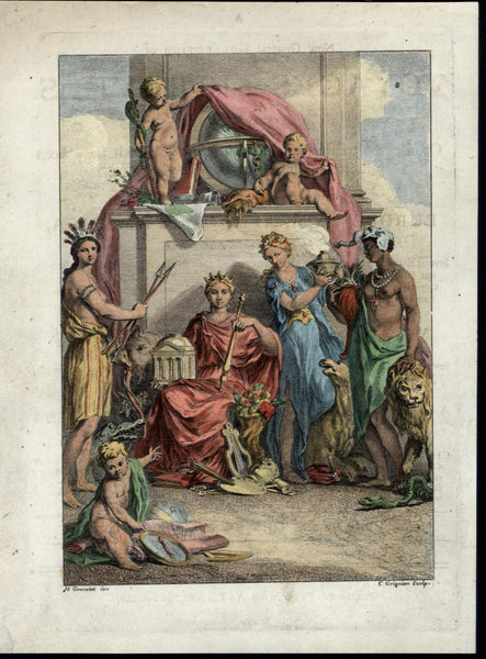 Beautiful Women Nudity Lion Music Arts 1745 antique color Frontis Grignion print