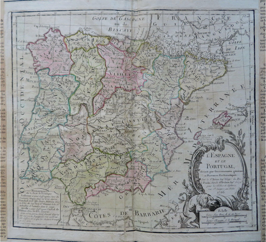 Spain & Portugal 1766 Brion & Desnos decorative historical map