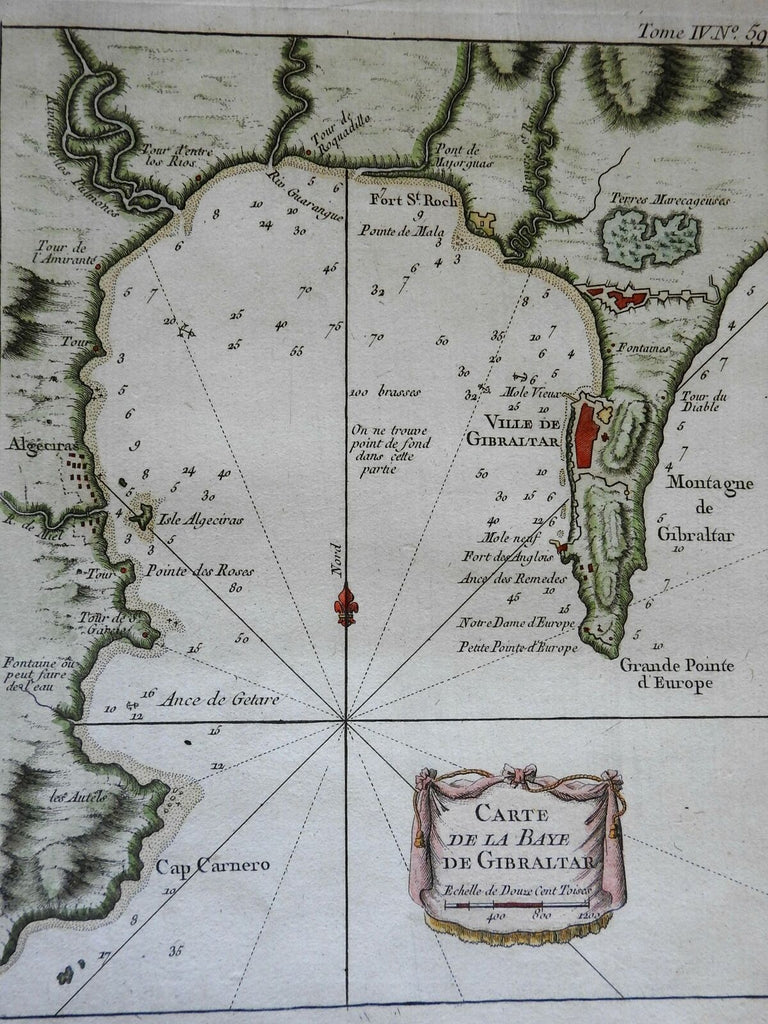 Rock of Gibraltar Spain British Fortifications city plan bay 1760 Bellin map