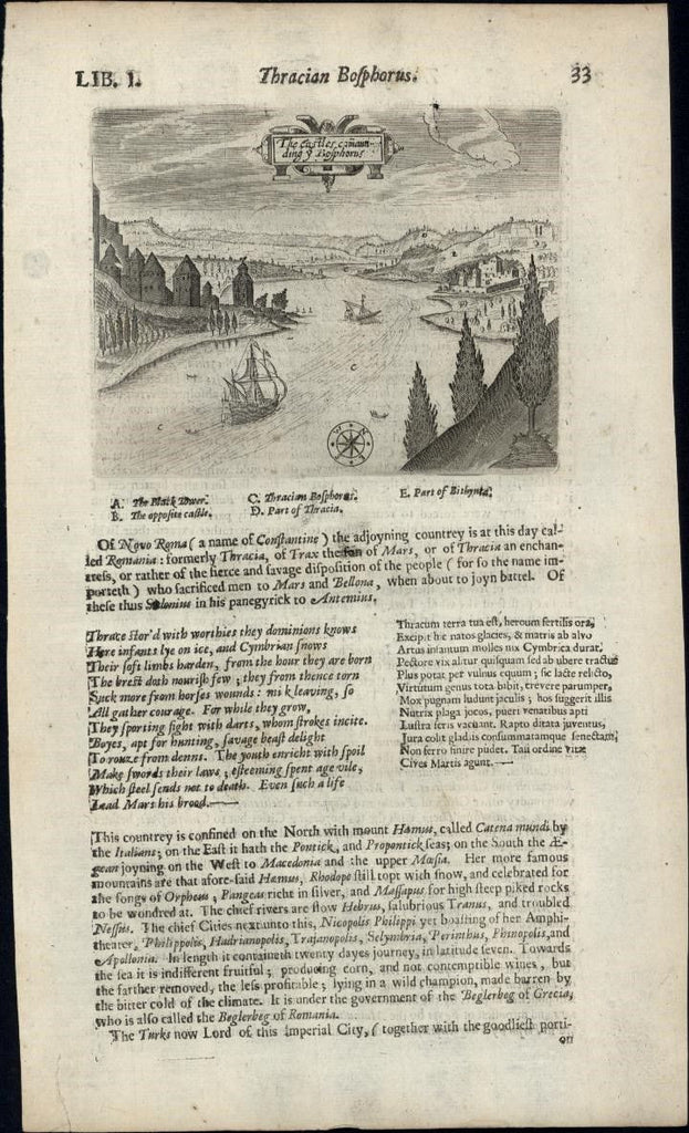 Bosphorus Turkey Turkish Straits 1670 rare antique engraved print primitive