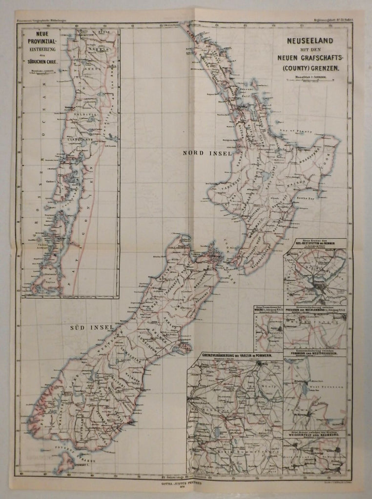New Zealand by itself w/ insets 1878 Petermann's large scarce map hand color