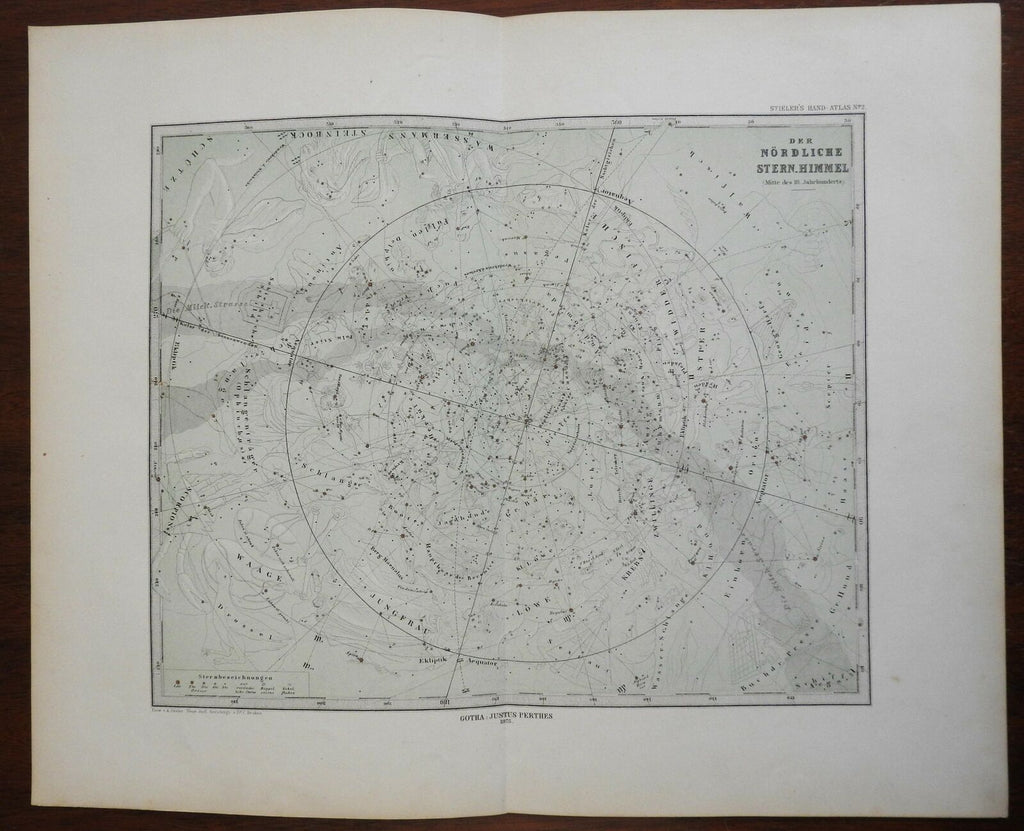Northern Night Sky Constellations Milky Way 1875 Stieler & Bruhns detailed map