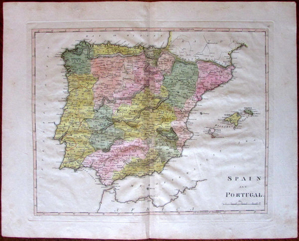 Spain and Portugal c.1814 M. Carey American engraved hand color old map