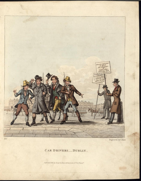 Car Drivers Dublin Protesters Horse Cart 1825 vintage color aquatint old print