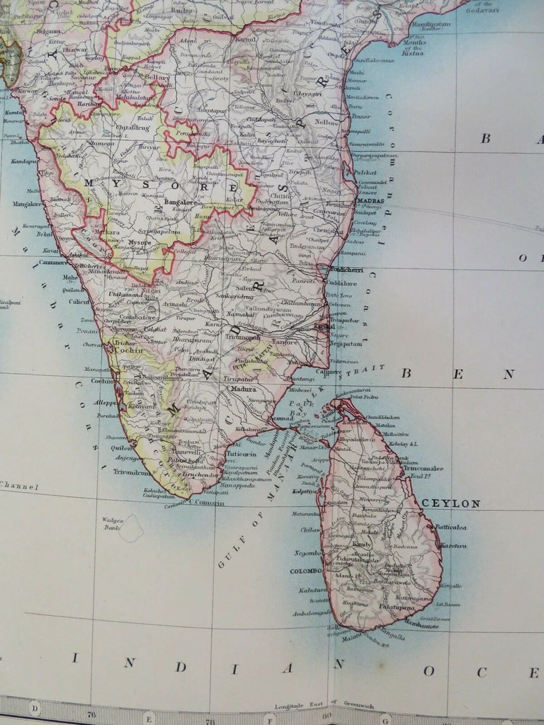 Southern India Bombay Hyderabad Ceylon Mysore Sri Lanka 1924 Johnston map