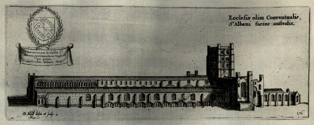 St. Alban's Cathedral & Monastery England south face 1655 antique engraved print