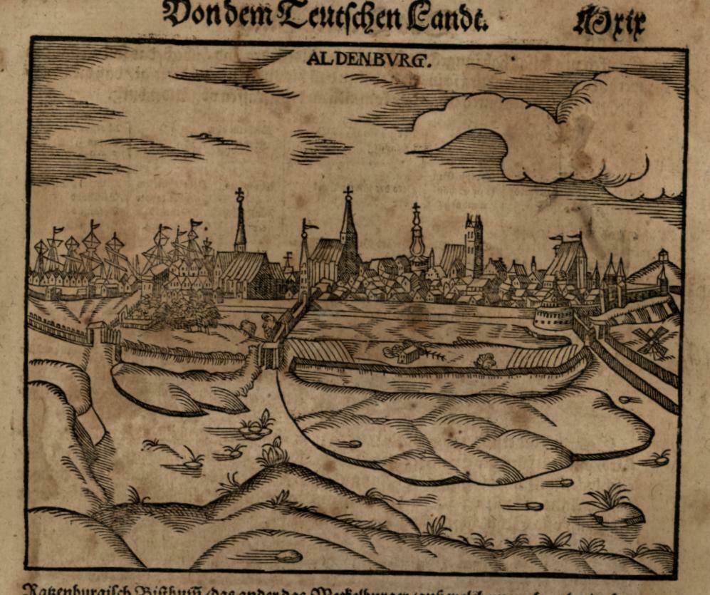 Aldenburg Germany birds-eye city view 1598 Munster Cosmography wood cut print