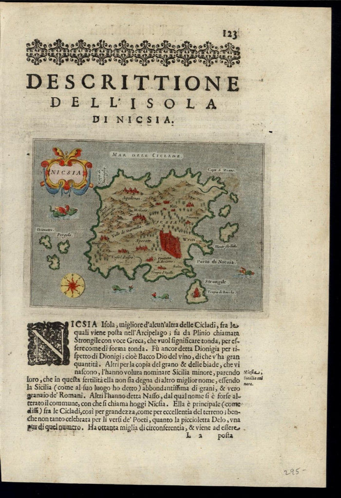 Greek Island Nicsia Archipelago Cyclades Sea 1620 Porcacchi fine antique map