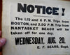 Boston to Nantucket Steamship Trip c. 1880's E.F. Sears advertising broadside