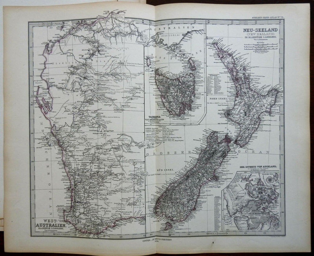 Australia New Zealand Tasmania Auckland Perth 1878 Stieler detailed map