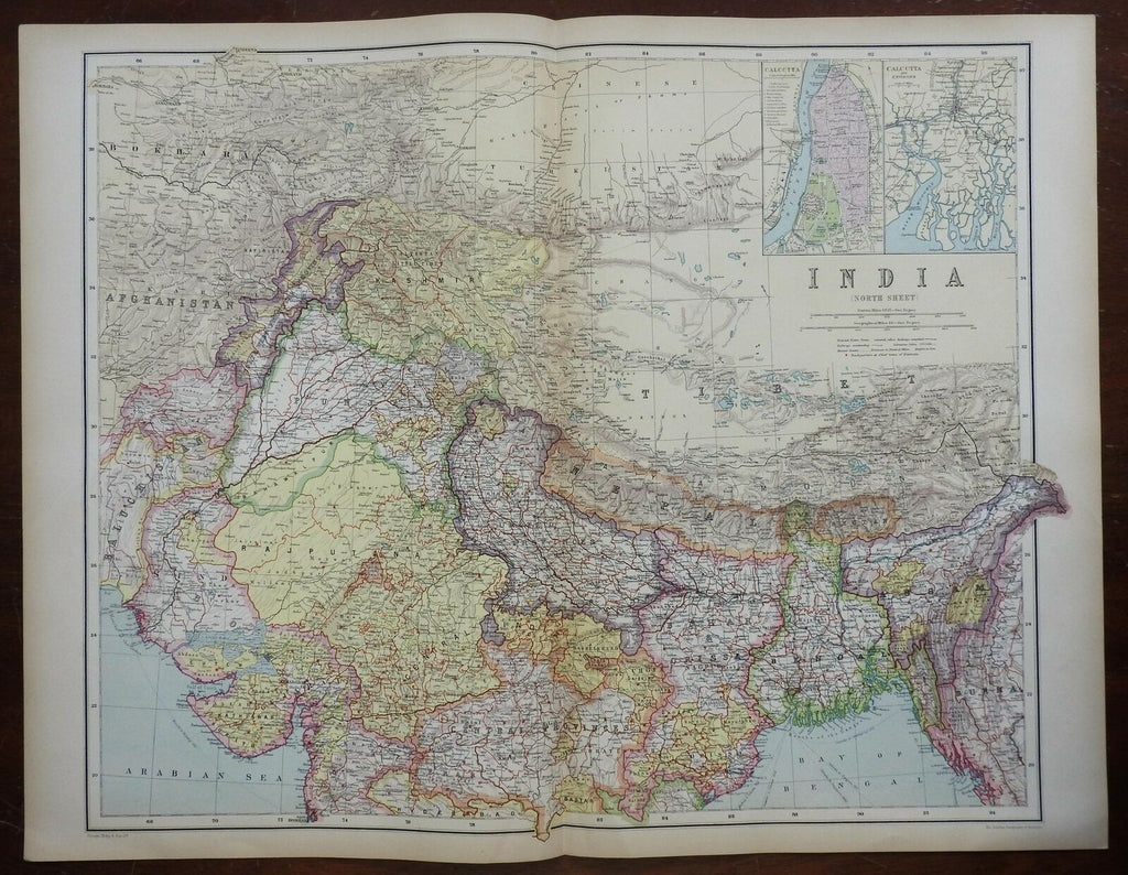 Northern India Punjab Bengal Tibet Kashmir 1914 Philip huge detailed scarce map