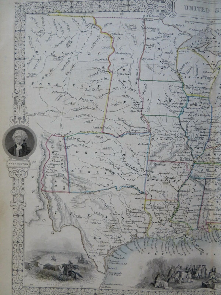 United States Buffalo Hunt Washington 1851 Tallis Rapkin decorative vignette map