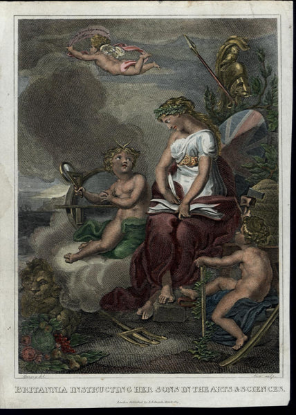 Britannia Cherubs Youth Learning Arts Sciences 1814 antique color Frontis print