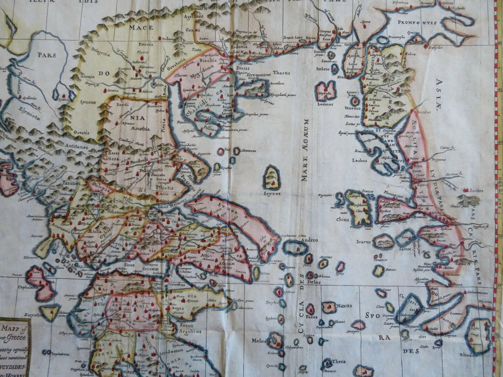 Ancient Greece Thucydides places 1721 Hobbes Taylor rare large hand colored map