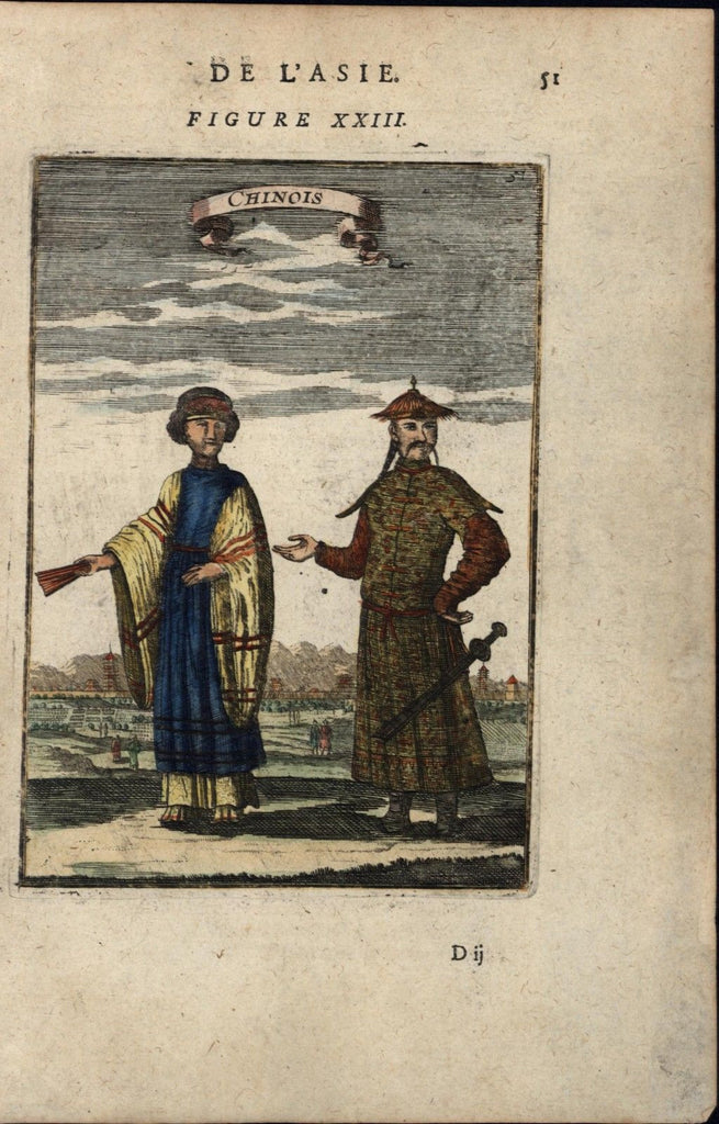 Chinese man woman traditional dress sword China 1683 old ethnic costume print