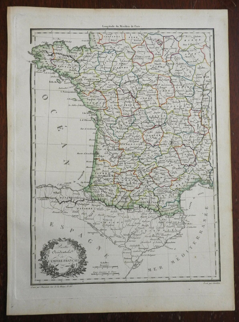 Western France Brittany Aquitaine Gascony French Empire c. 1810 Charnouin map