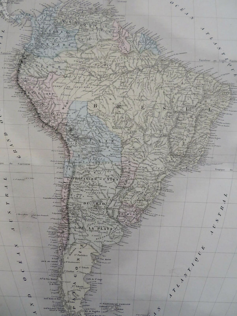South America Brazil Peru Chile Venezuela 1861 Tardieu large hand color map