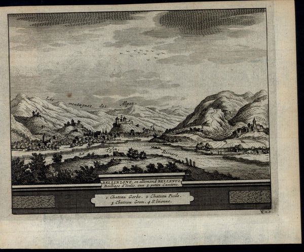 Bellinzona Switzerland View Alps c.1720 Ticino River antique engraved print