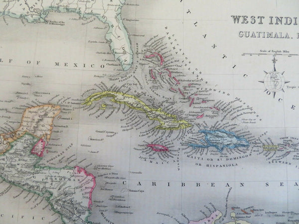 Caribbean Sea Mexico Cuba Bahamas Jamaica Puerto Rico c 1850 Archer engraved map