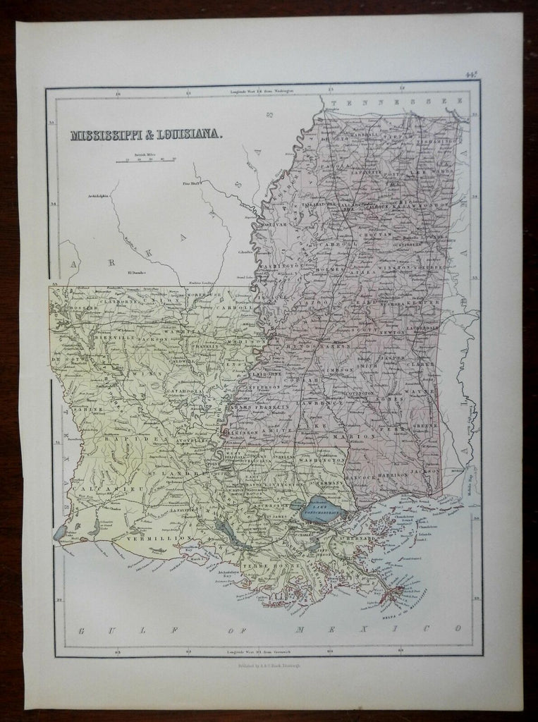 Mississippi & Louisiana states southern USA 1876 scarce U.K. made map
