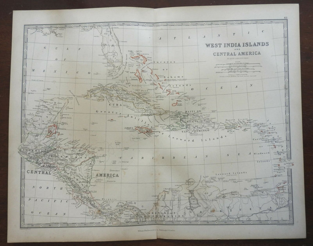 Caribbean Sea West Indies Cuba Jamaica Bahamas Puerto Rico 1868 Johnston map