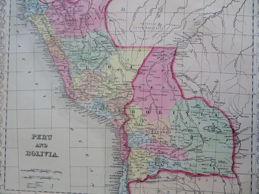 Peru & Bolivia South America La Paz Lima 1856 DeSilver scarce hand color map