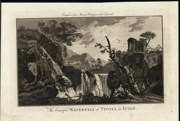 Beautiful Waterfall Tivoli Italy Locals Relaxing c.1780 antique engraved print