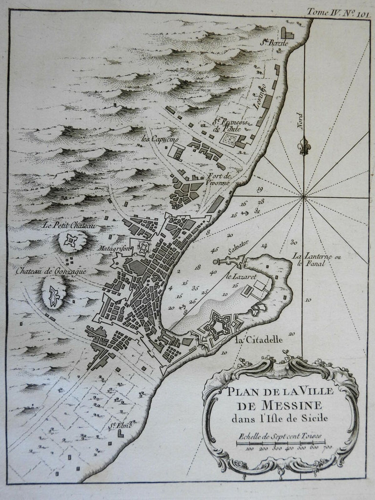 Messina Sicily detailed city plan military fortifications 1760 Bellin map