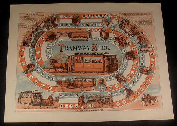 Amsterdam old horse Tramway Game Spel 1900 Vlieger Van Houten antique print