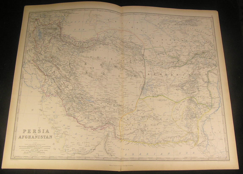 Persia Afghanistan Baluchistan Caspian Sea Azerbaijan 1860 lg. antique color map